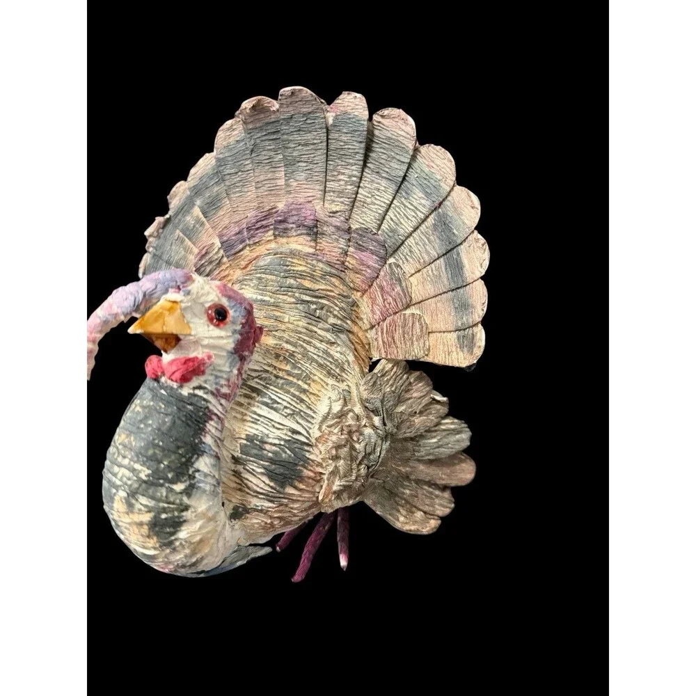 Vtg Paper Ribbon Thanksgiving Turkey Centerpiece Shelf Sitter Painted 9” Tall